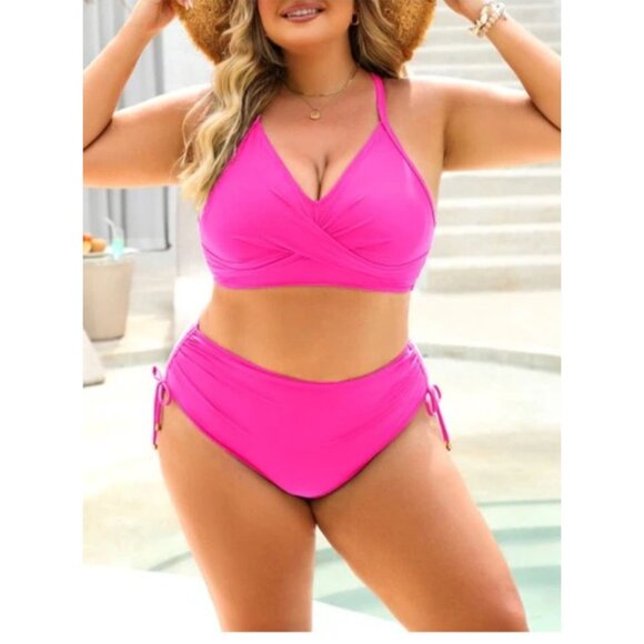 Blooming Jelly Large Womens 2 Pc Bikini Pink Crisscross Tie Back High Waisted - Picture 2 of 9